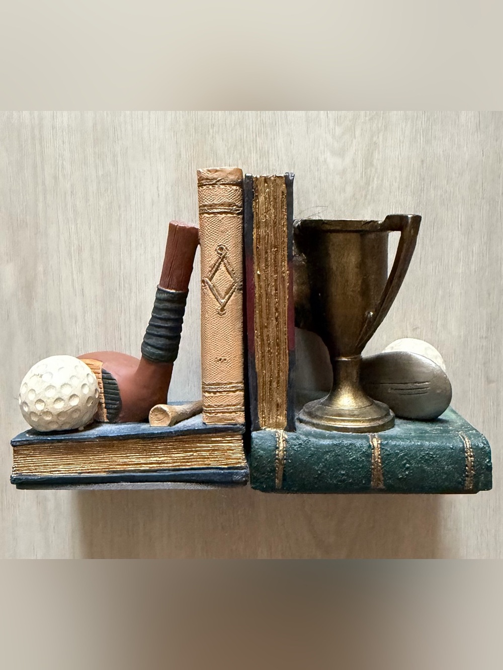 Vintage Golf Club Bookends Golfing Trophy Golf Ball Office Desk Decor Mancave